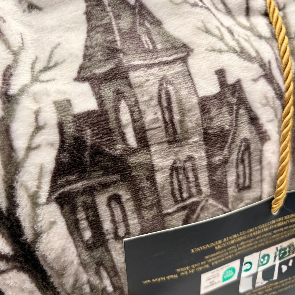 Rachel Roy Halloween Toile Plush Blanket Full Queen Haunted House Victorian Grey
